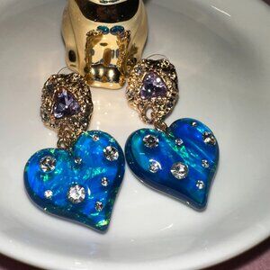 Blue Heart Statement Earrings with Crystal Accents